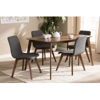 Baxton Studio Sugar-Dark Grey-5PC Dining Set Sugar Mid-Century Modern Dark Grey Fabric Upholstered Walnut Wood Finished 5-Piece Dining Set